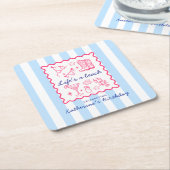 Blue Stripes Pink Summer Favorites Birthday  スクエアペーパーコースター (アングル)