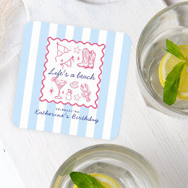 Blue Stripes Pink Summer Favorites Birthday  スクエアペーパーコースター
