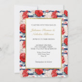 Blue Stripes Red White Floral Wedding 招待状 (正面)