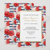 Blue Stripes Red White Floral Wedding 招待状 (正面/裏面)