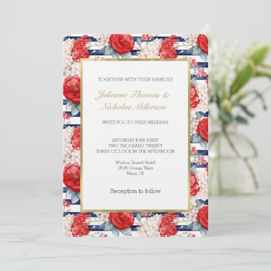 Blue Stripes Red White Floral Wedding 招待状 (スタンド正面)