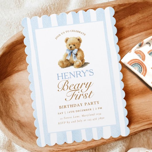Blue Stripes Teddy Bear 1st Birthday 招待状