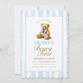 Blue Stripes Teddy Bear 1st Birthday 招待状 (正面)