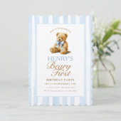 Blue Stripes Teddy Bear 1st Birthday 招待状 (スタンド正面)