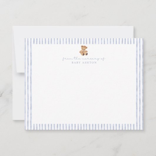 Blue Stripes Teddy Bear Nursery Note Card 招待状 (正面)