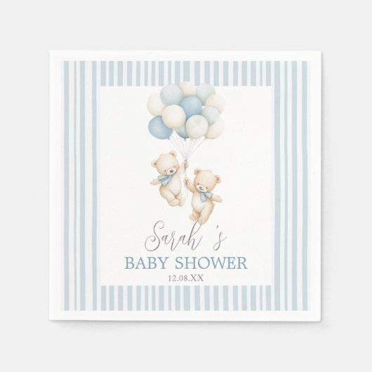 Blue Stripes Twin Bears Baby Shower Napkins スタンダードカクテルナプキン (正面)