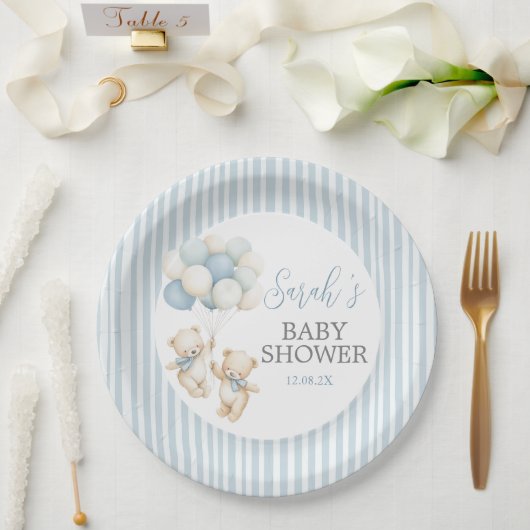 Blue Stripes Twins Bears Baby Shower ペーパープレート (ウェディング)