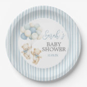 Blue Stripes Twins Bears Baby Shower ペーパープレート (正面)