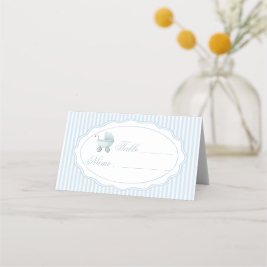 Blue Stroller Baby Boy Shower Table Numbers プレイスカード (正面)