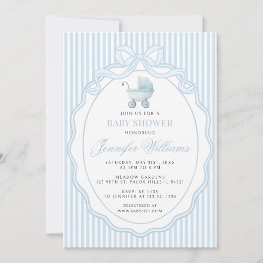 Blue Stroller Baby Carriage Bow Preppy Boy Shower 招待状 (正面)