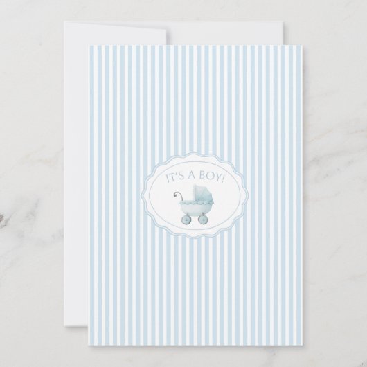 Blue Stroller Baby Carriage Bow Preppy Boy Shower 招待状 (裏面)