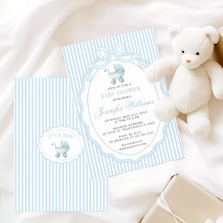 Blue Stroller Baby Carriage Bow Preppy Boy Shower 招待状