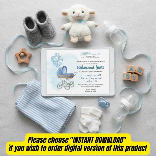 Blue stroller balloon muslim baby boy birth invita 招待状