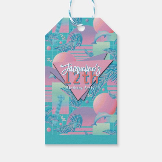 Blue Summer Vaporwave Sunset Birthday ギフトタグ (正面)