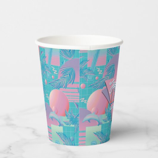Blue Summer Vaporwave Sunset Birthday 紙コップ (右)