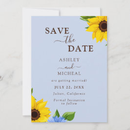 Blue Sunflower'結婚s Flat Save The Date Card セーブザデート