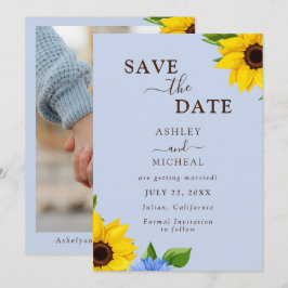 Blue Sunflower'結婚s Flat Save The Date Card セーブザデート
