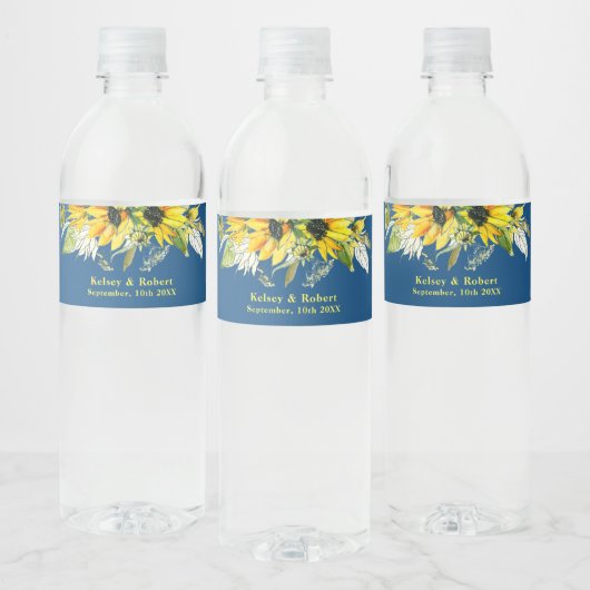 Blue Sunflower Wedding Water Bottle Label ペットボトルラベル (ボトル)