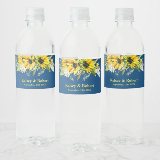 Blue Sunflower Wedding Water Bottle Label ペットボトルラベル (ボトル)