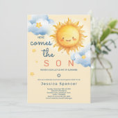Blue Sunshine Sun Here Comes the Son Baby Shower 招待状 (スタンド正面)