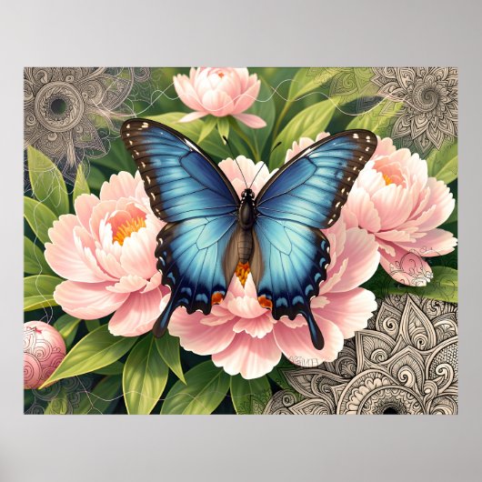 Blue Swallowtail Butterfly Floral Botanical Art ポスター (正面)