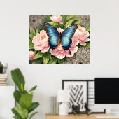 Blue Swallowtail Butterfly Floral Botanical Art ポスター (ホームオフィス)