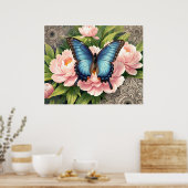 Blue Swallowtail Butterfly Floral Botanical Art ポスター (キッチン)