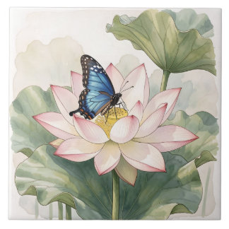  Blue Swallowtail Butterfly With Lotus Flower Art タイル