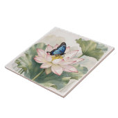 Blue Swallowtail Butterfly With Lotus Flower Art タイル (側面)