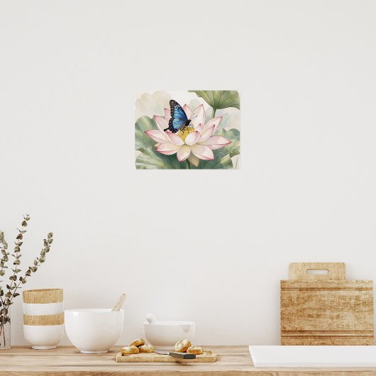  Blue Swallowtail Butterfly With Lotus Flower Art ポスター (キッチン)