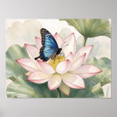 Blue Swallowtail Butterfly With Lotus Flower Art ポスター (正面)
