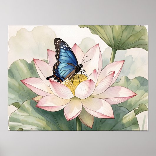  Blue Swallowtail Butterfly With Lotus Flower Art ポスター (正面)