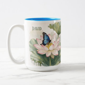 Blue Swallowtail Butterfly With Lotus Flower Name ツートーンマグカップ