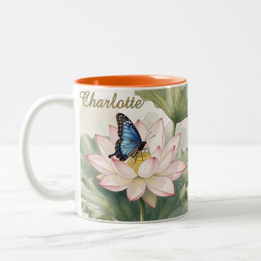 Blue Swallowtail Butterfly With Lotus Flower Name ツートーンマグカップ (左)
