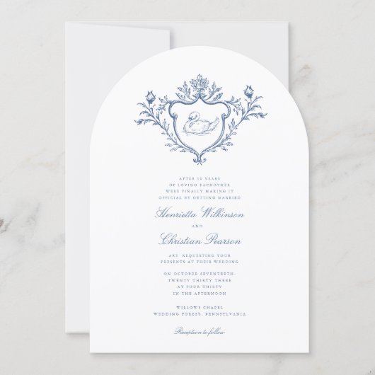 Blue Swan Crest Toile Wedding All in One 招待状 (正面)