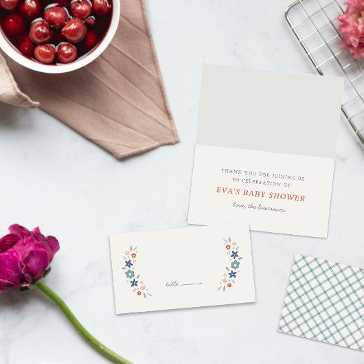 Blue Sweet Floral Baby Shower Folded Place Card プレイスカード
