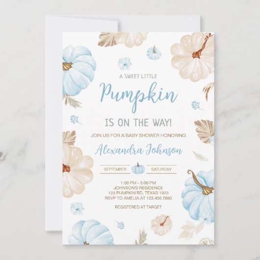 Blue Sweet Little Pumpkin Fall Baby Shower 招待状 (正面)