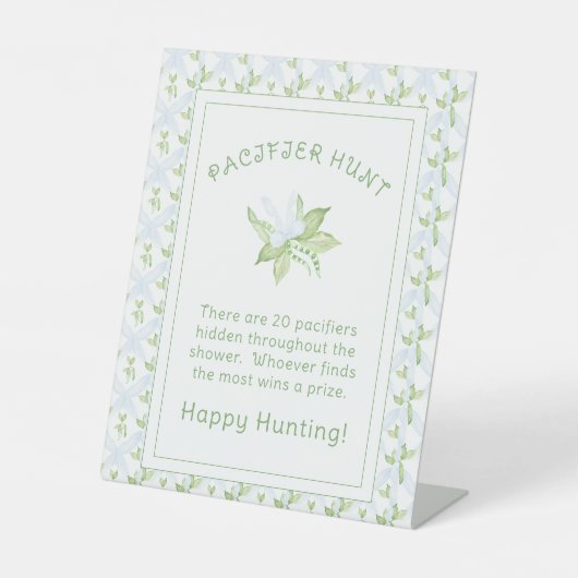 Blue Sweet Pea Boy Pacifier Hunt Baby Shower 台座サイン (正面)