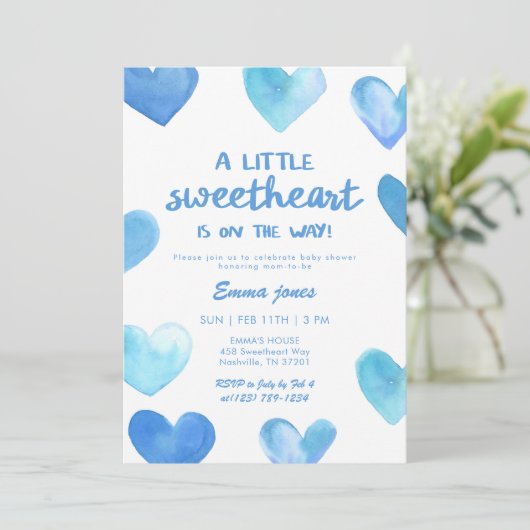 Blue Sweetheart Is On The Way Baby Shower 招待状 (スタンド正面)