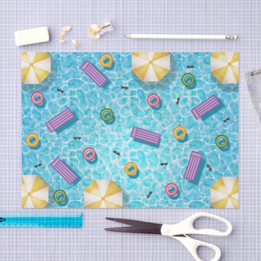 Blue Swimming Pool With Colorful Pool Floats 薄葉紙 (クラフト)