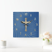 Blue Swirl Background Gold Cross スクエア壁時計 (ホーム)