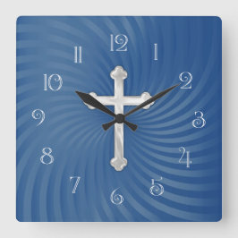Blue Swirl Background White Pearly Cross スクエア壁時計