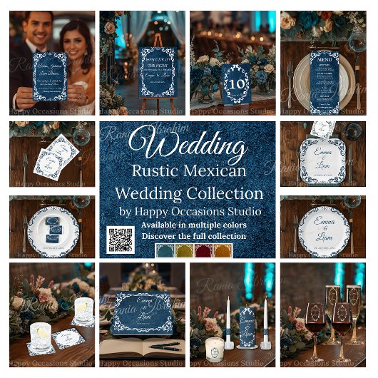 Blue Talavera Mexican Spanish Wedding Invitation 招待状