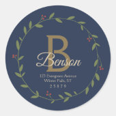 Blue Tan Monogram SVGクリスマスリースアドレス ラウンドシール (正面)