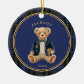 Blue Tartan Plaid | Christmas Teddy Bear セラミックオーナメント (正面)