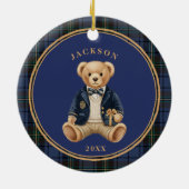 Blue Tartan Plaid | Christmas Teddy Bear セラミックオーナメント (裏面)