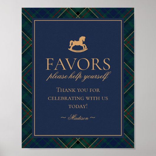 Blue Tartan Plaid Rocking Horse Favors Sign ポスター (正面)