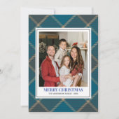 Blue Tartan Plaid with Christmas Family Photo シーズンカード (正面)