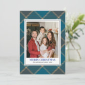 Blue Tartan Plaid with Christmas Family Photo シーズンカード (スタンド正面)