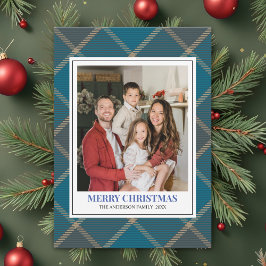 Blue Tartan Plaid with Christmas Family Photo シーズンカード